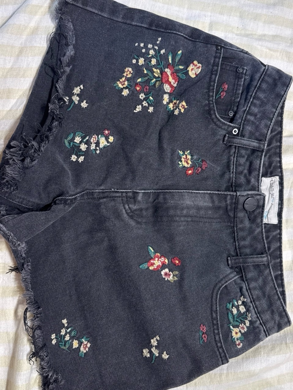 Black Embroidered Denim Jean Shorts with Floral Accents
